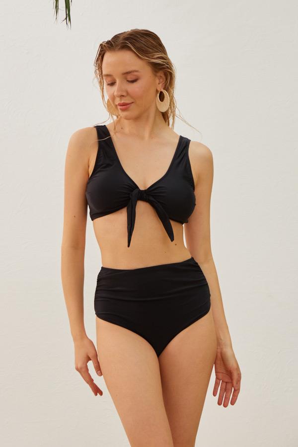 Toparlayıcı Yüksek Bel Fiyonklu Bikini Takımı Siyah