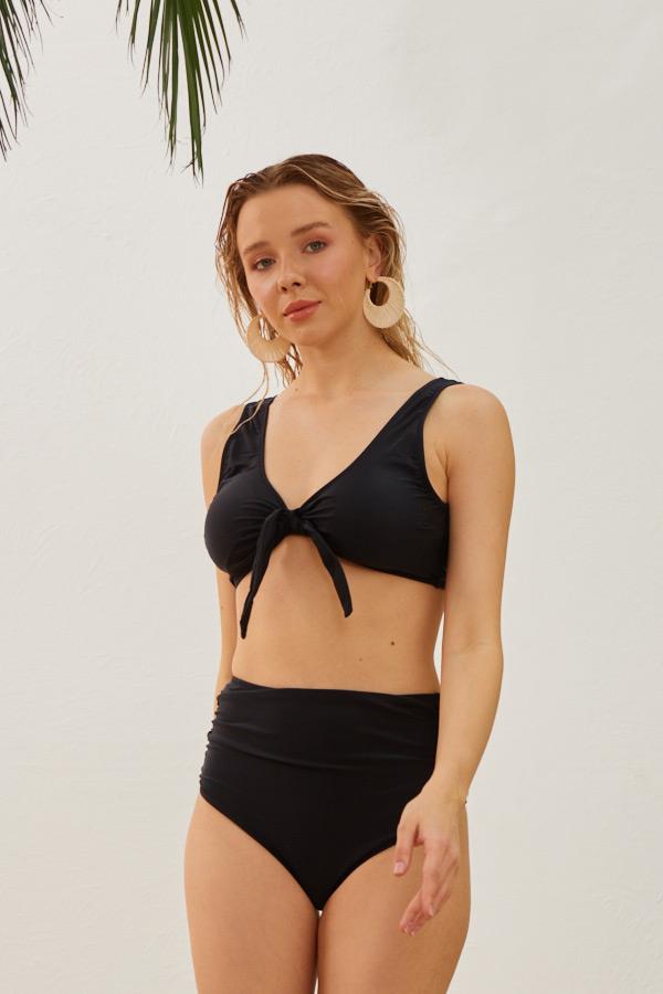 Toparlayıcı Yüksek Bel Fiyonklu Bikini Takımı Siyah