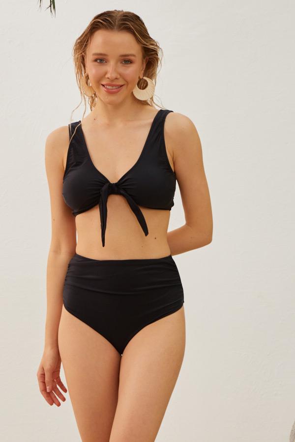 Toparlayıcı Yüksek Bel Fiyonklu Bikini Takımı Siyah