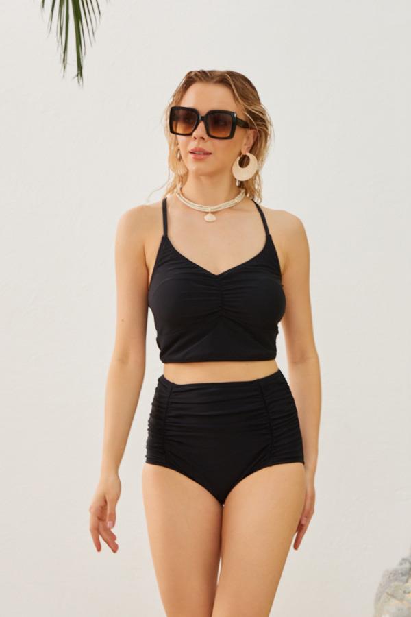 Yüksek Bel Büzgülü Model Toparlayıcı Siyah Bikini Takımı