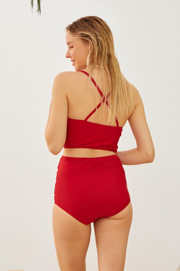 Yüksek Bel Toparlayıcı Model Göğüs Büzgülü Kırmızı Bikini Takımı