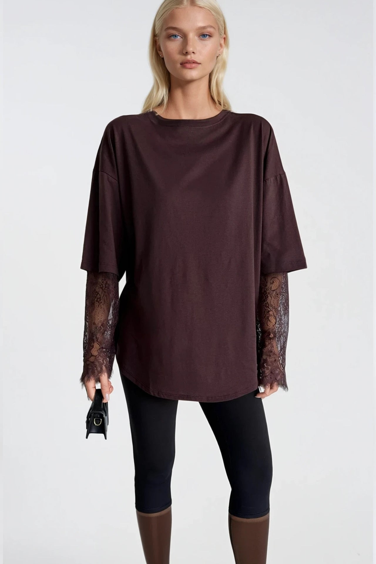 Bisiklet Yaka Kol Dantel Detay Kahverengi Oversize T-Shirt