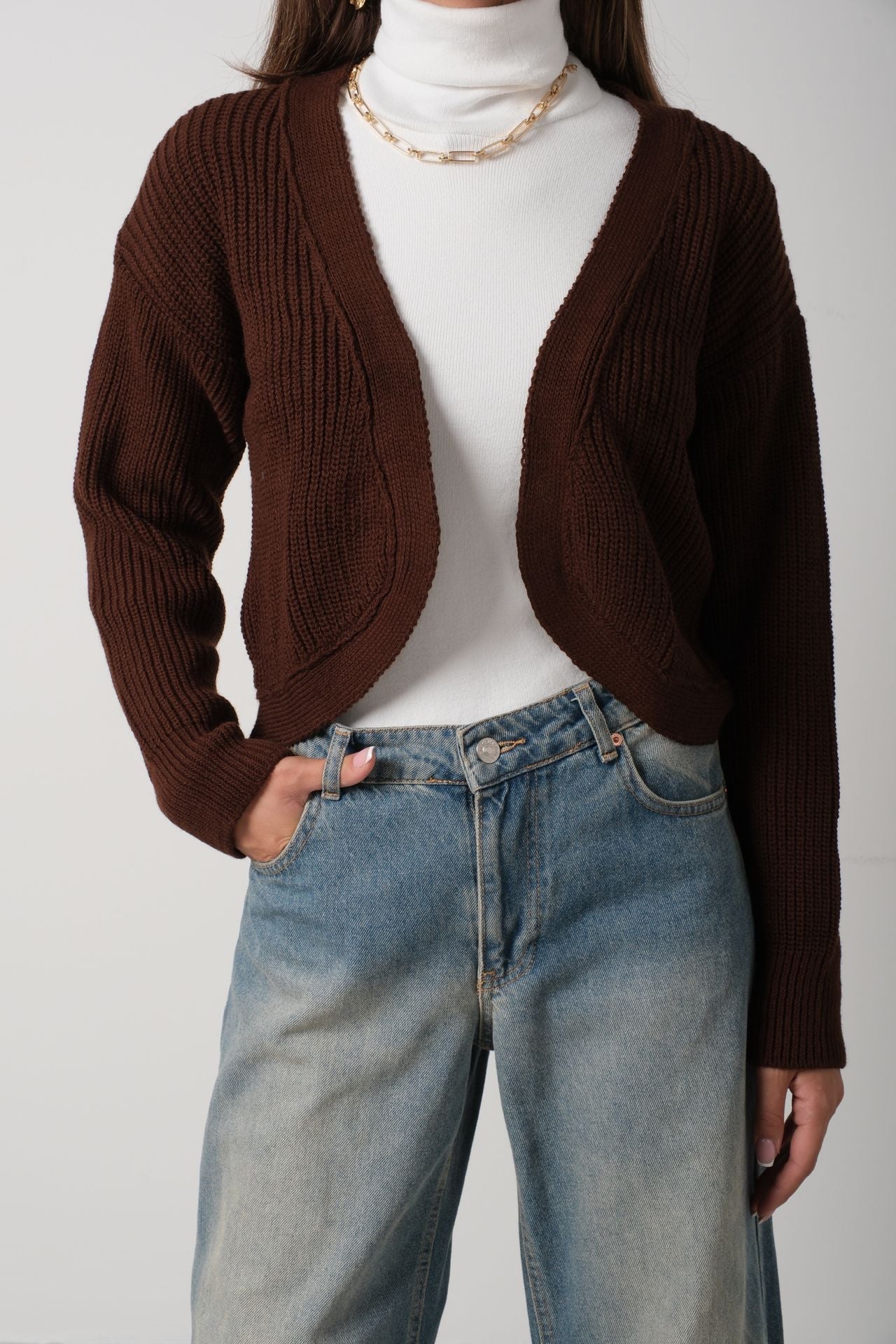 Biyeli Crop Kahverengi Triko Hırka