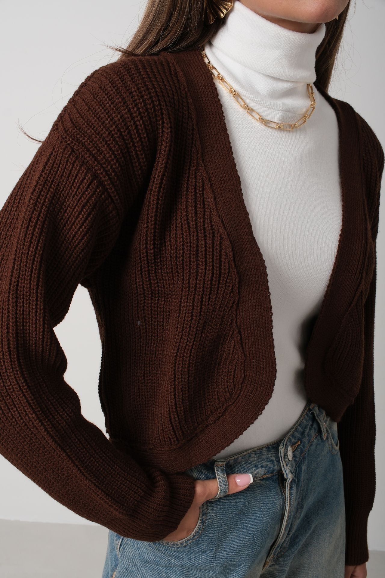 Biyeli Crop Kahverengi Triko Hırka