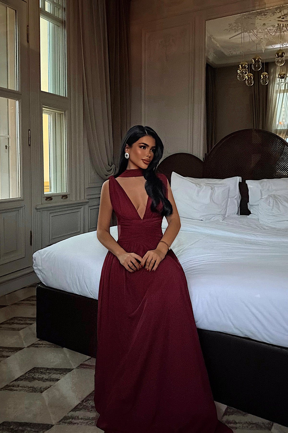 Bordo Lucyna Uzun Tül Elbise ATE-4211