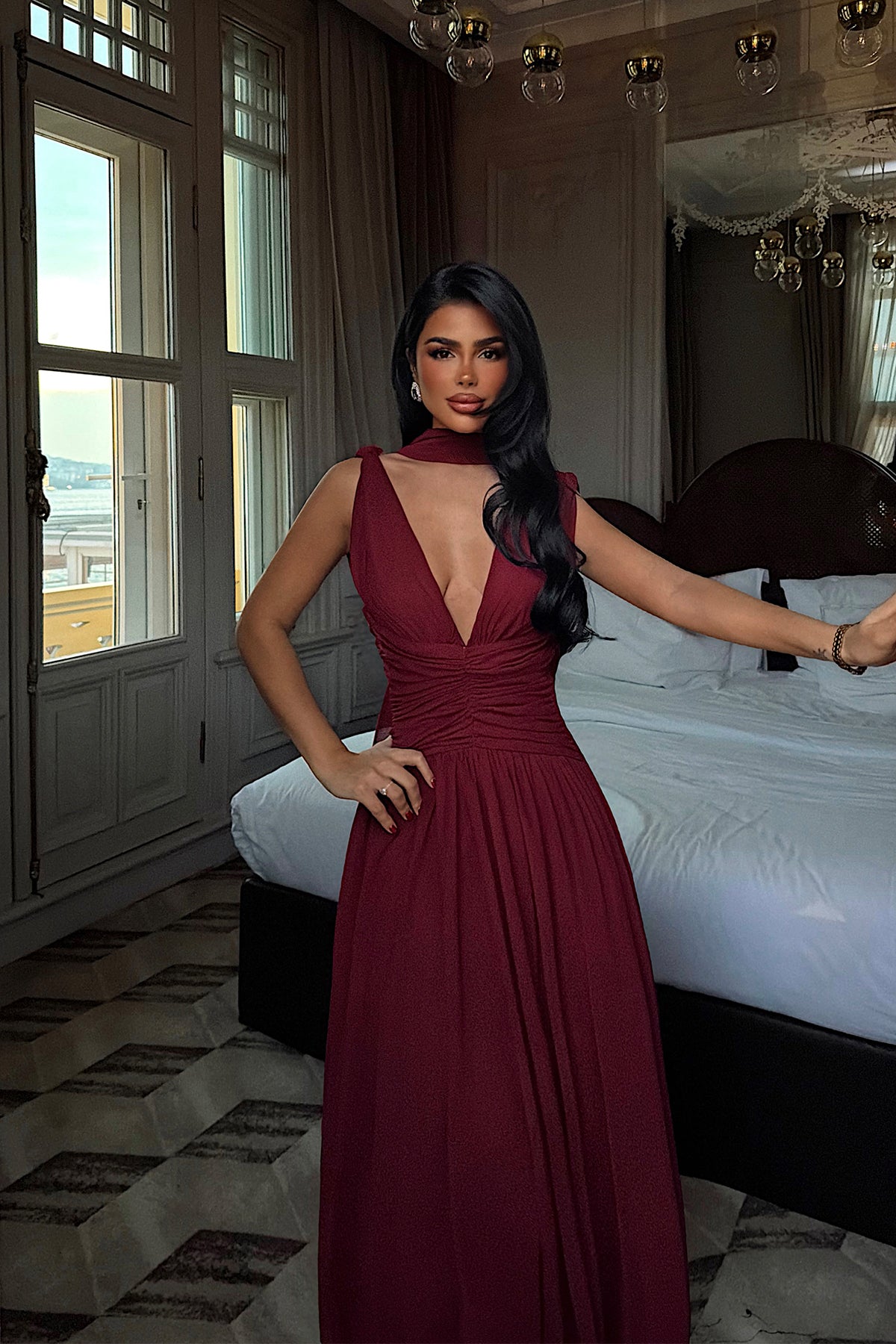 Bordo Lucyna Uzun Tül Elbise ATE-4211