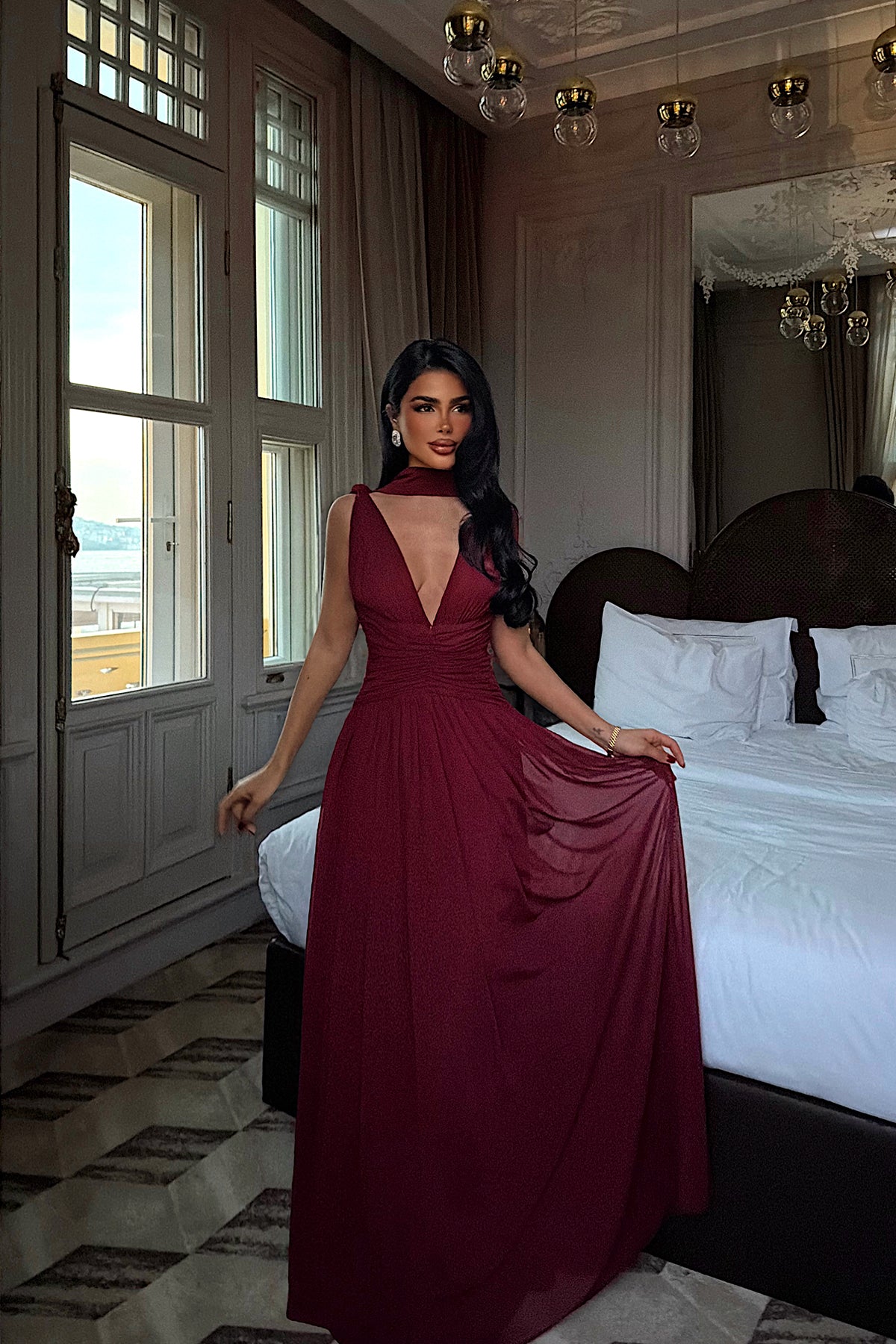 Bordo Lucyna Uzun Tül Elbise ATE-4211