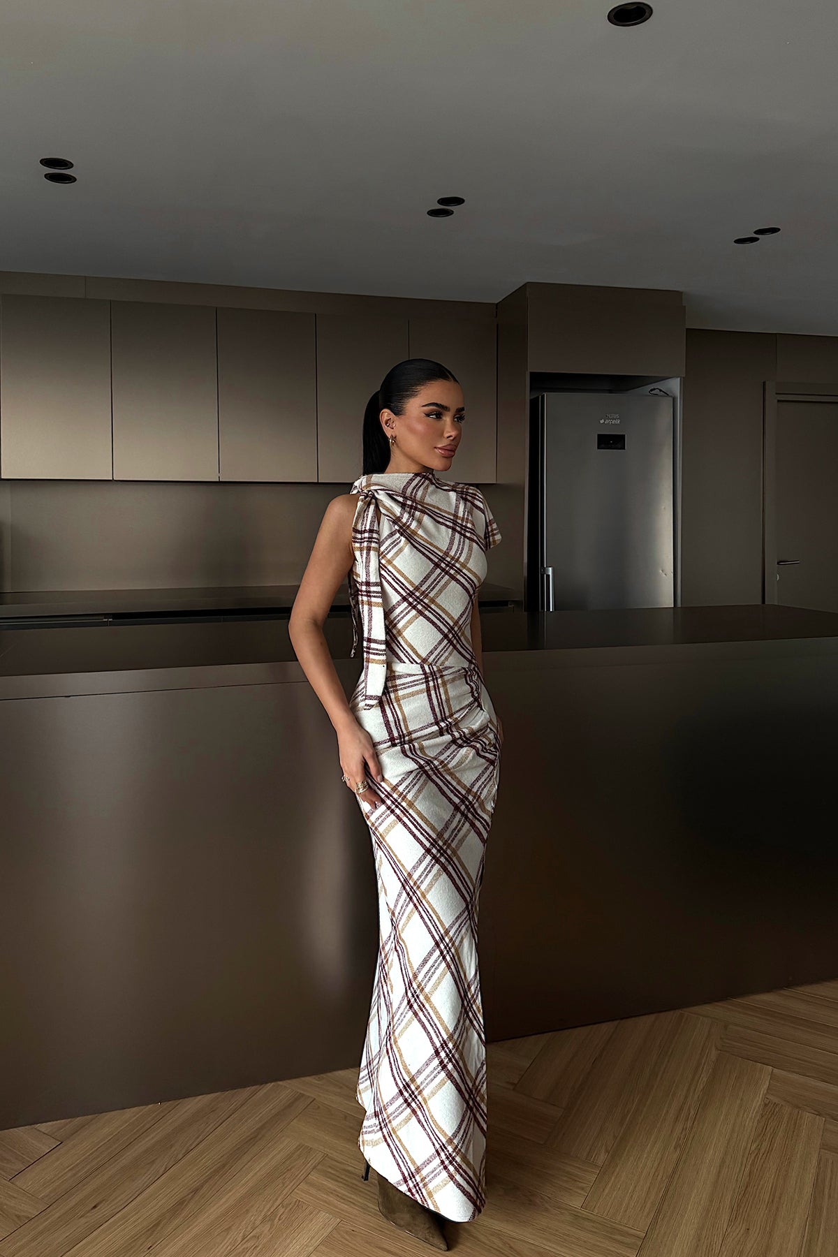 Bordo Aveline Desenli Yırtmaçlı Uzun Elbise ATE-4219