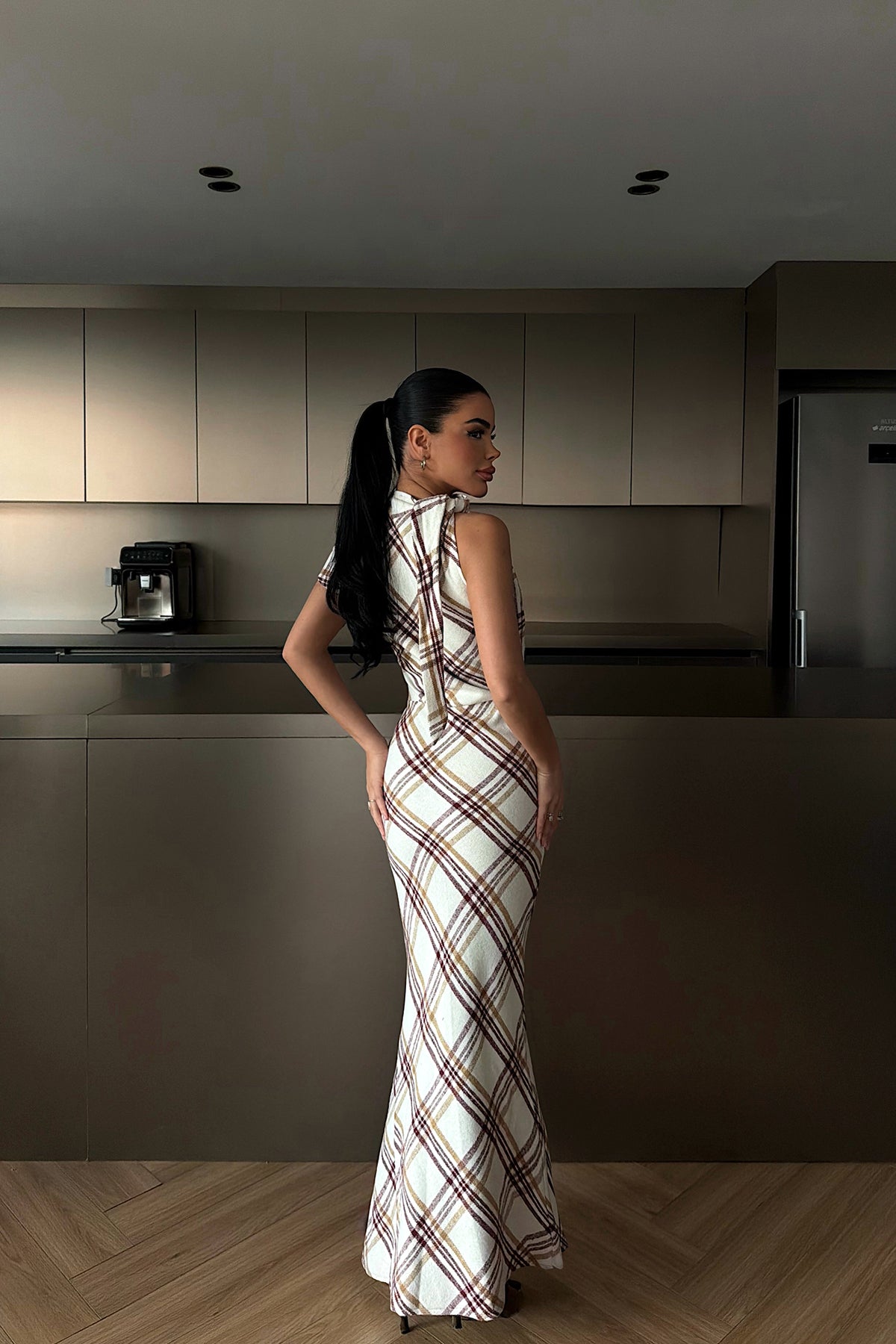 Bordo Aveline Desenli Yırtmaçlı Uzun Elbise ATE-4219