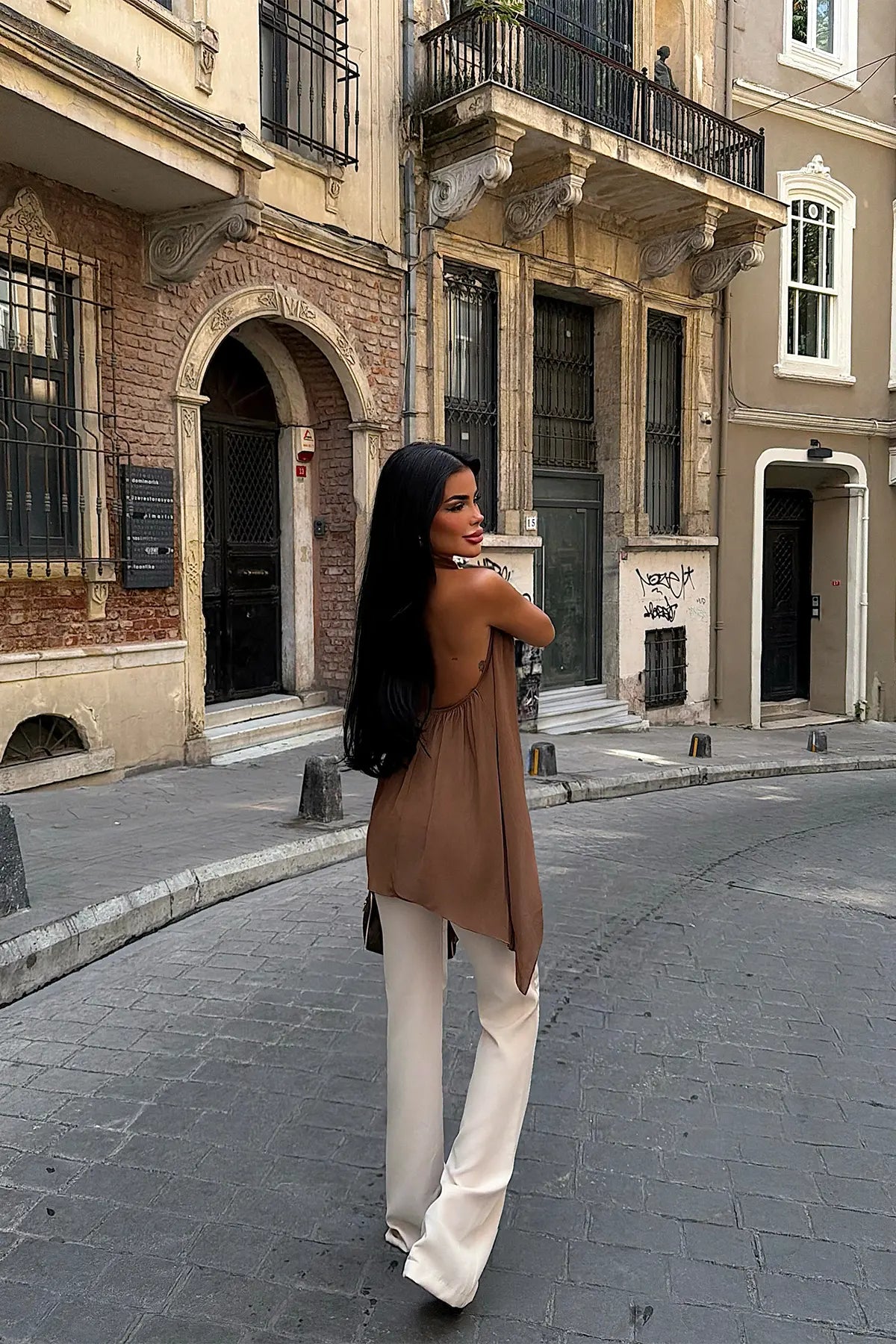 Kahverengi Tül Detay Crop Top