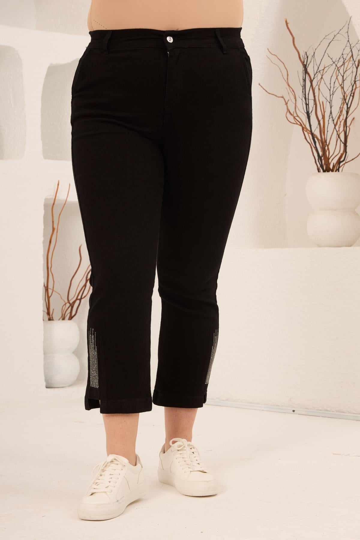 Büyük Beden Taş Detay Denim Pantolon Siyah