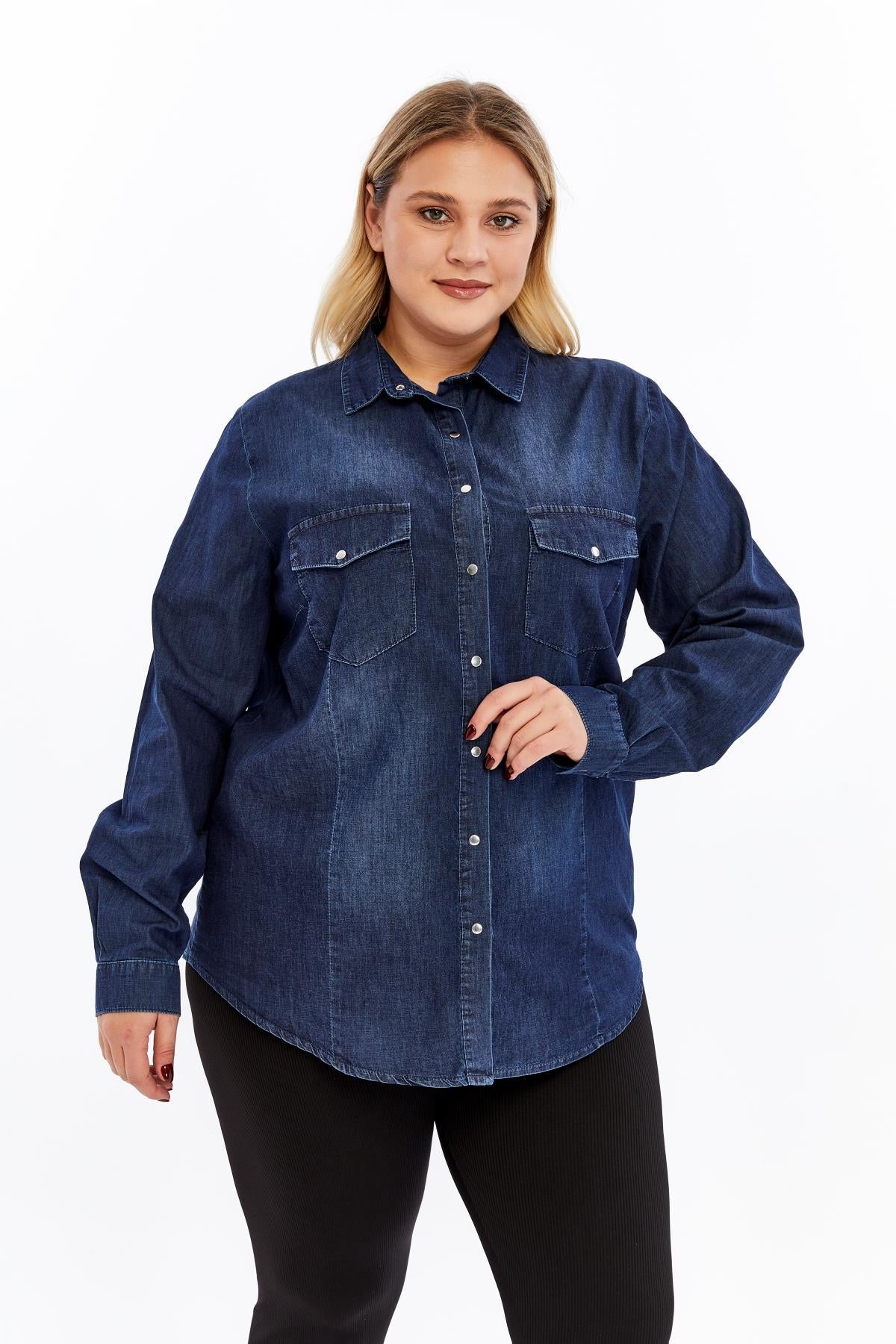 Büyük Beden Tensel Lacivert Gömlek