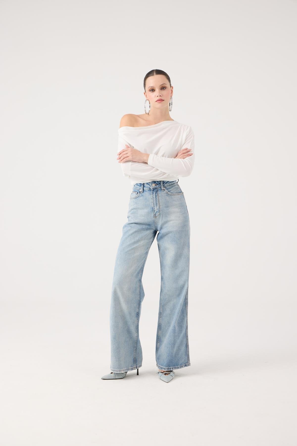 Yüksek Bel Wide Leg Carino Jean Pantolon Mavi Mavi L / 30