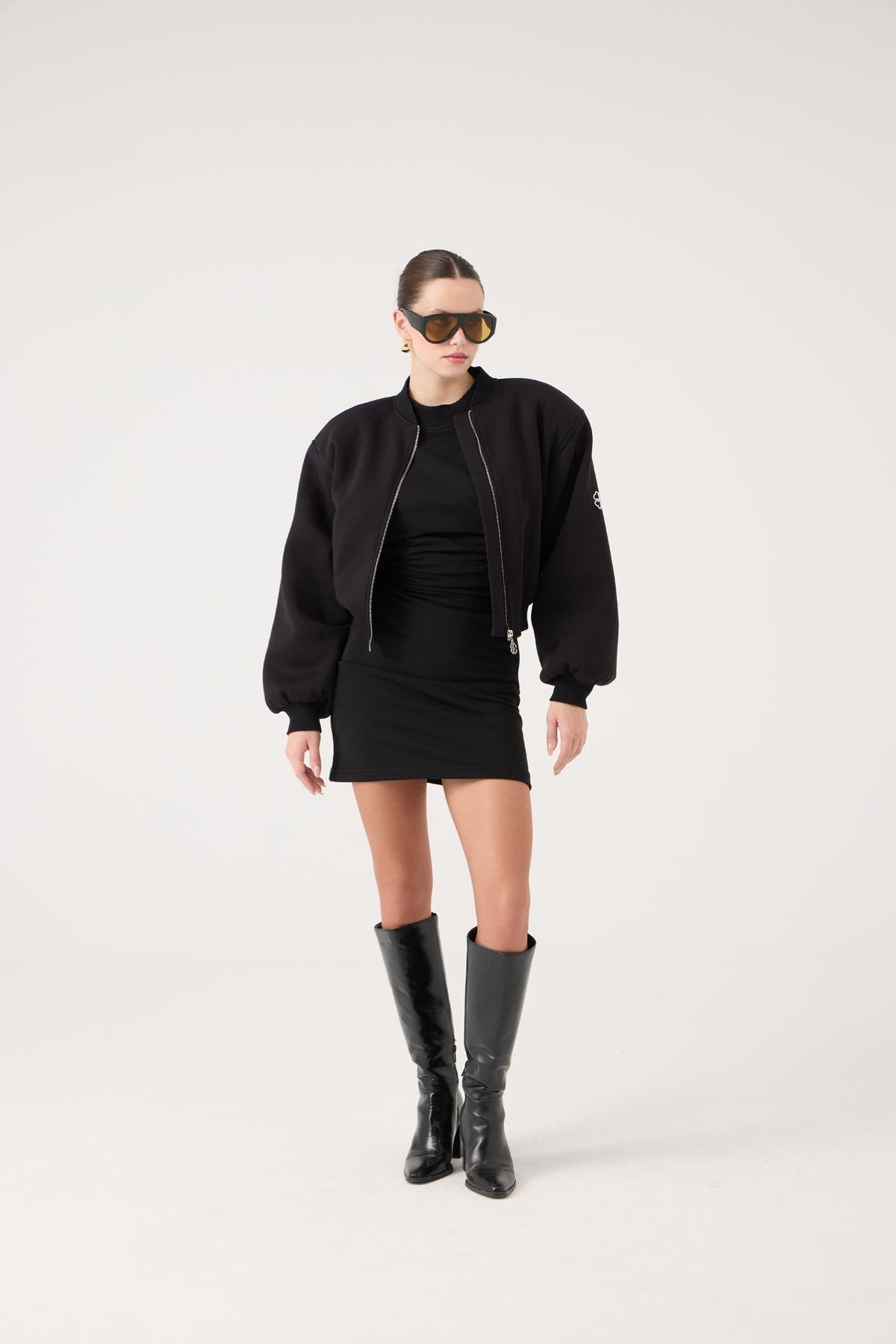 Crop Kesim Vatkalı Parker Bomber Ceket Siyah Siyah L