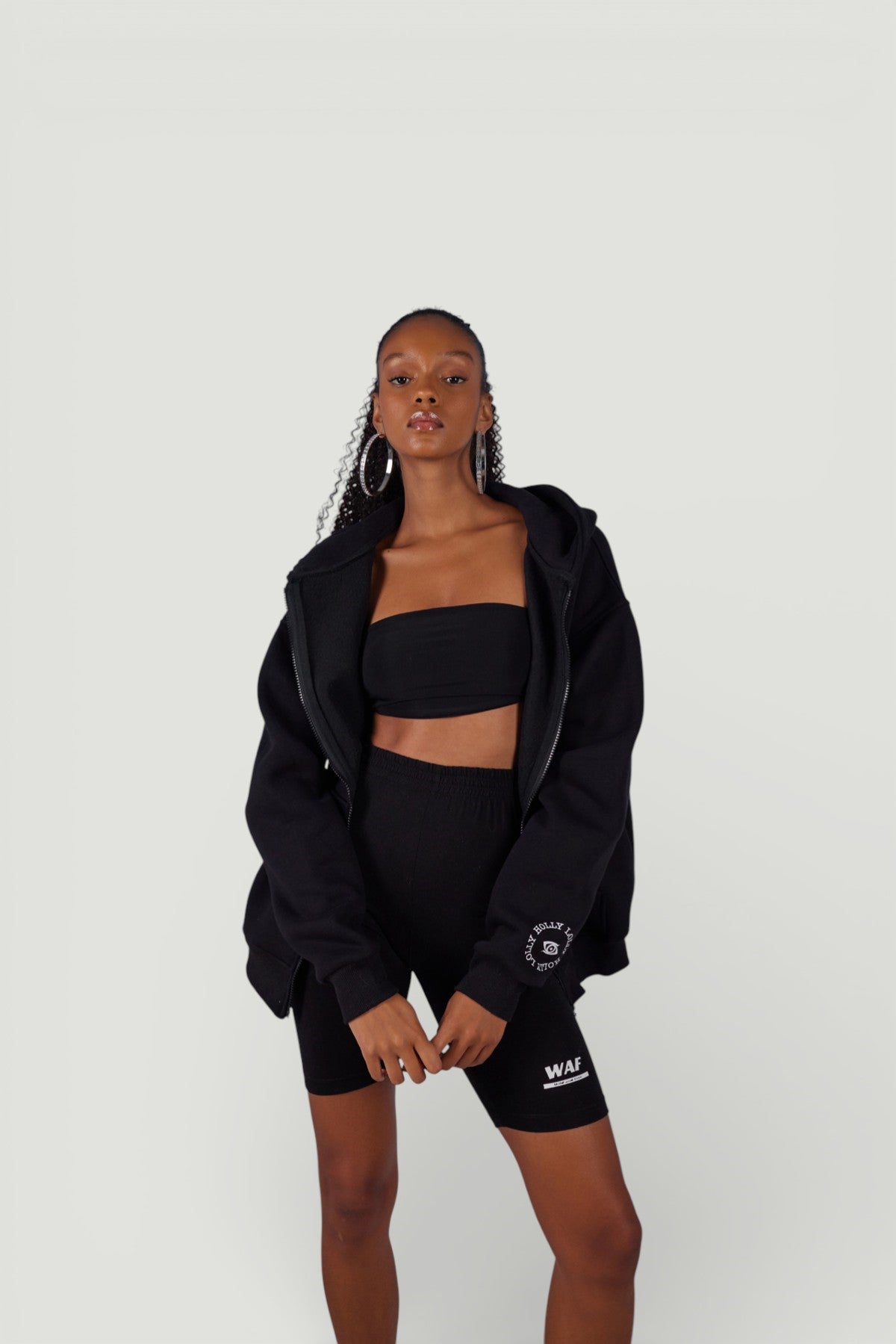 Uzun Kol Kapüşonlu Fermuar Kapamalı Hoody Sweatshirt Siyah Siyah L