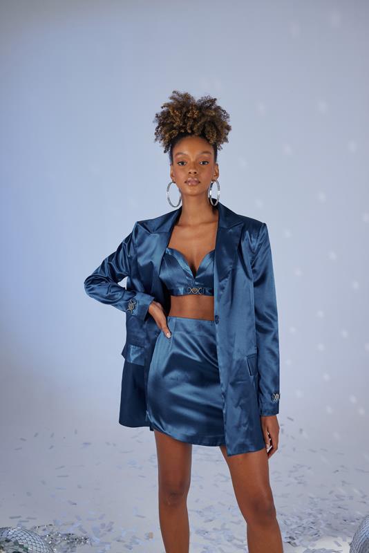 Askılı Crop Saten Fancy Büstiyer Lacivert