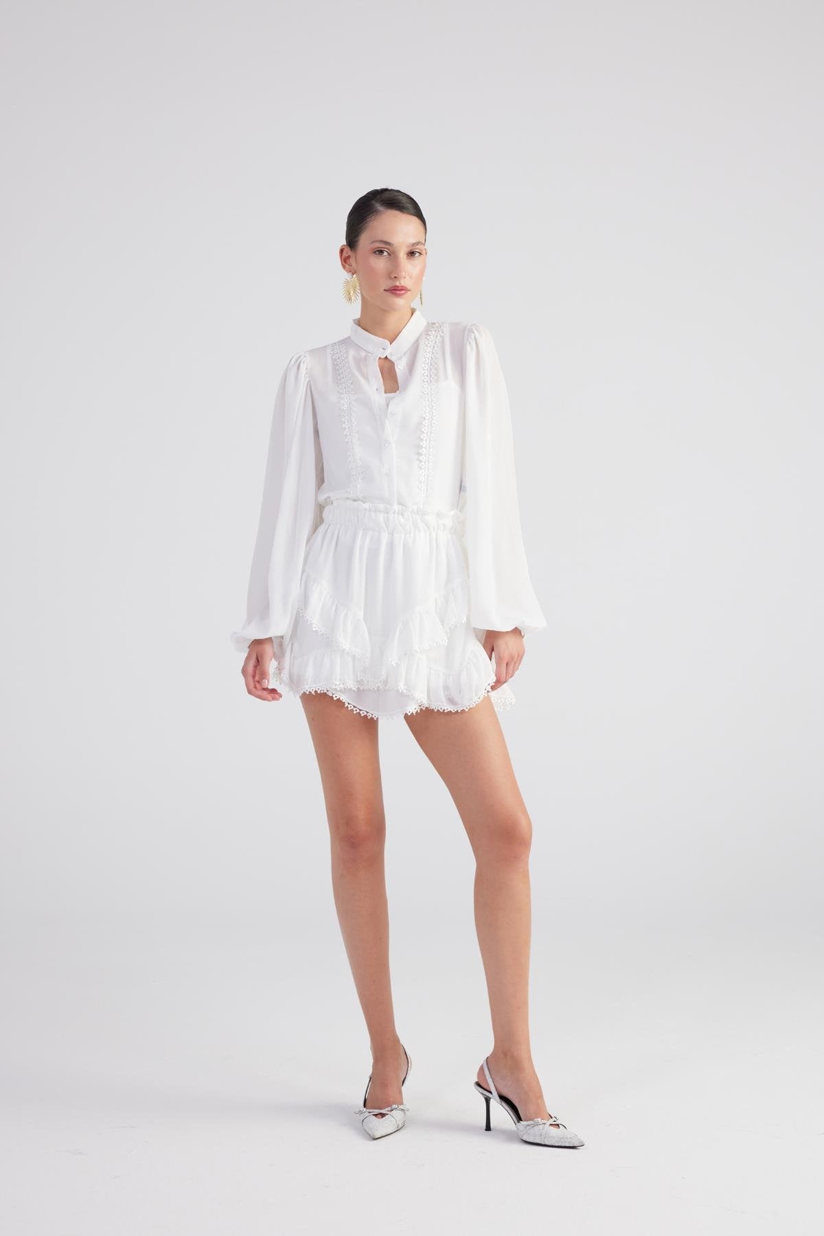 Brode Detaylı Atletli Pixie Gömlek Beyaz