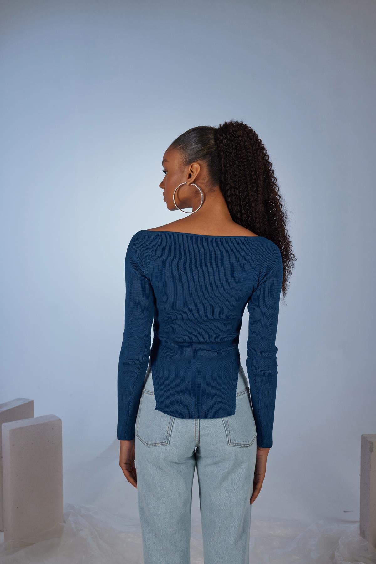 Uzun Kol Kalp Yaka Rolla Kazak Lacivert