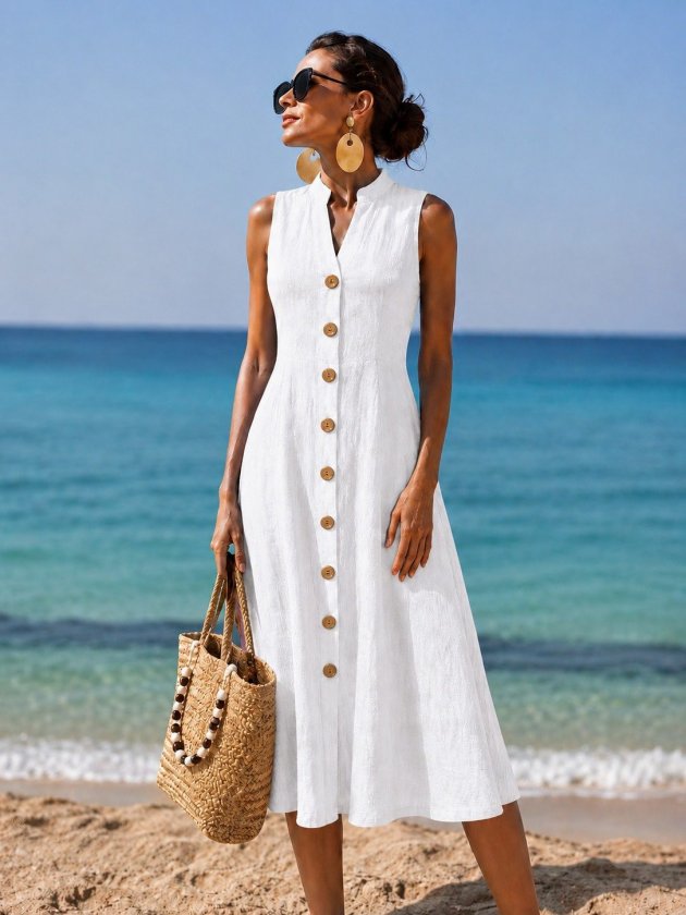 Women's Sleeveless V-Neck Button-Down Linen Maxi Dress