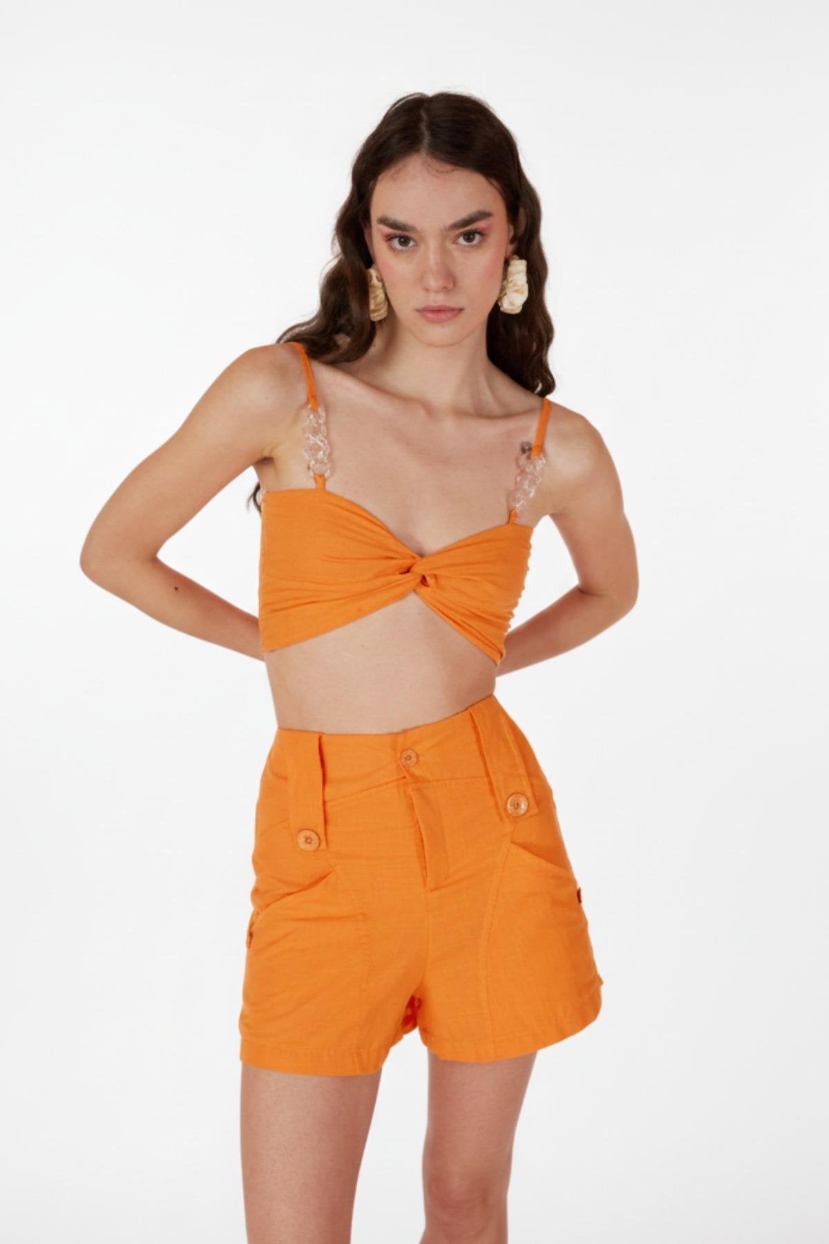Koton Kumaş Astarlı Mini Rise Şort Turuncu Turuncu L