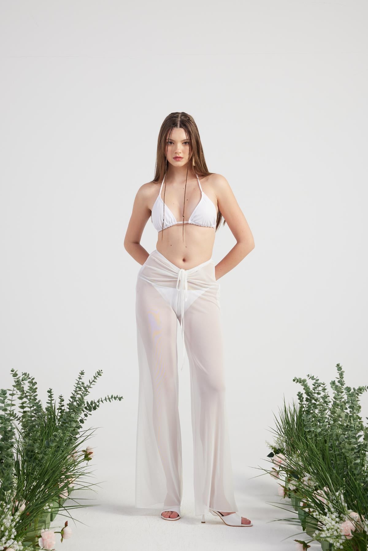 Beli İp Detaylı Tül Pareo Shirred Pantolon Beyaz