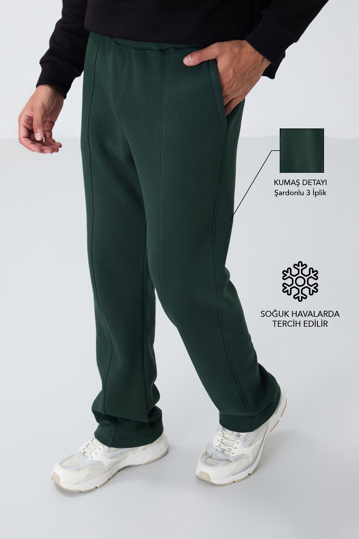 Çam Yeşil Pamuklu Kalın İçi Tüylü Yumuşak Dokulu Oversize Nakışlı Erkek Eşofman Altı -82146