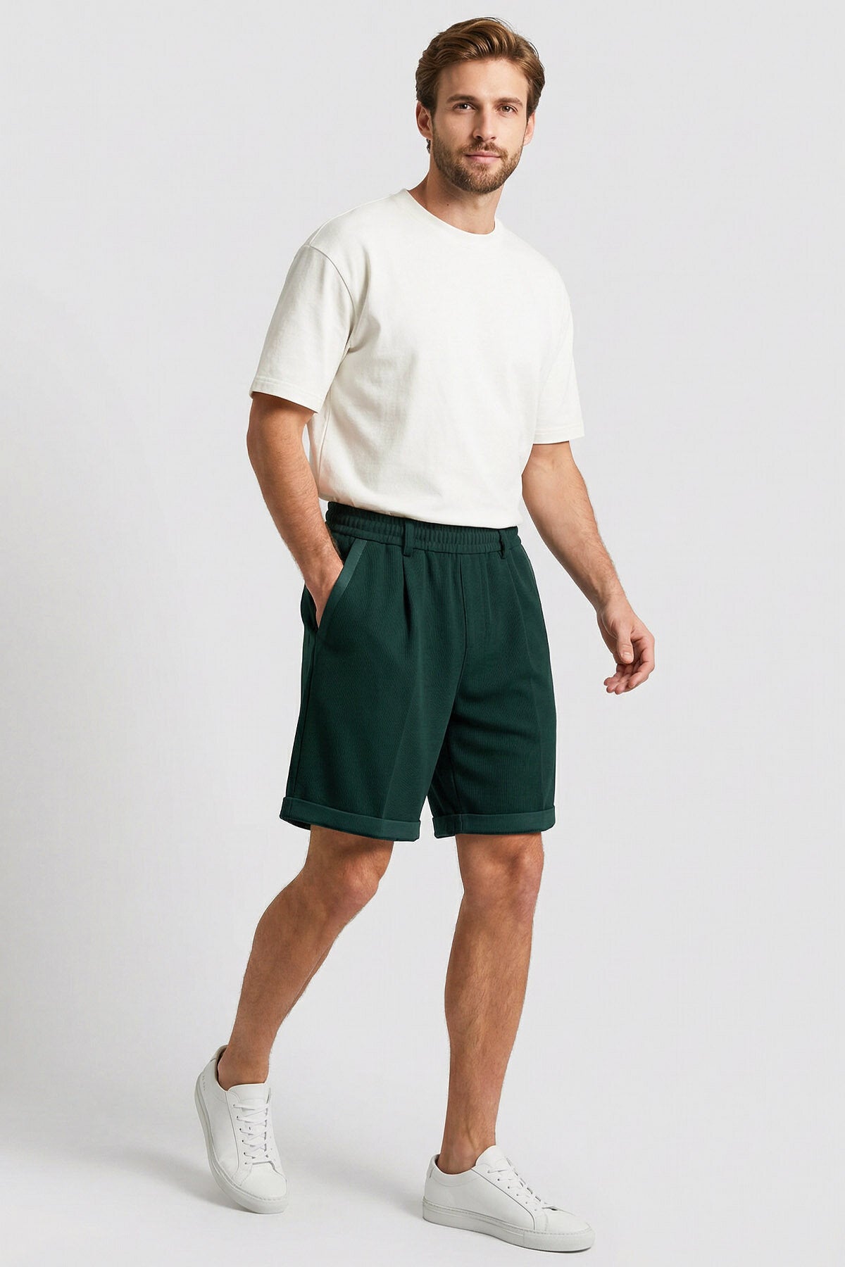 Çam Yeşil Oversize Fit Basic Kemer Detaylı Erkek Şort - 81285