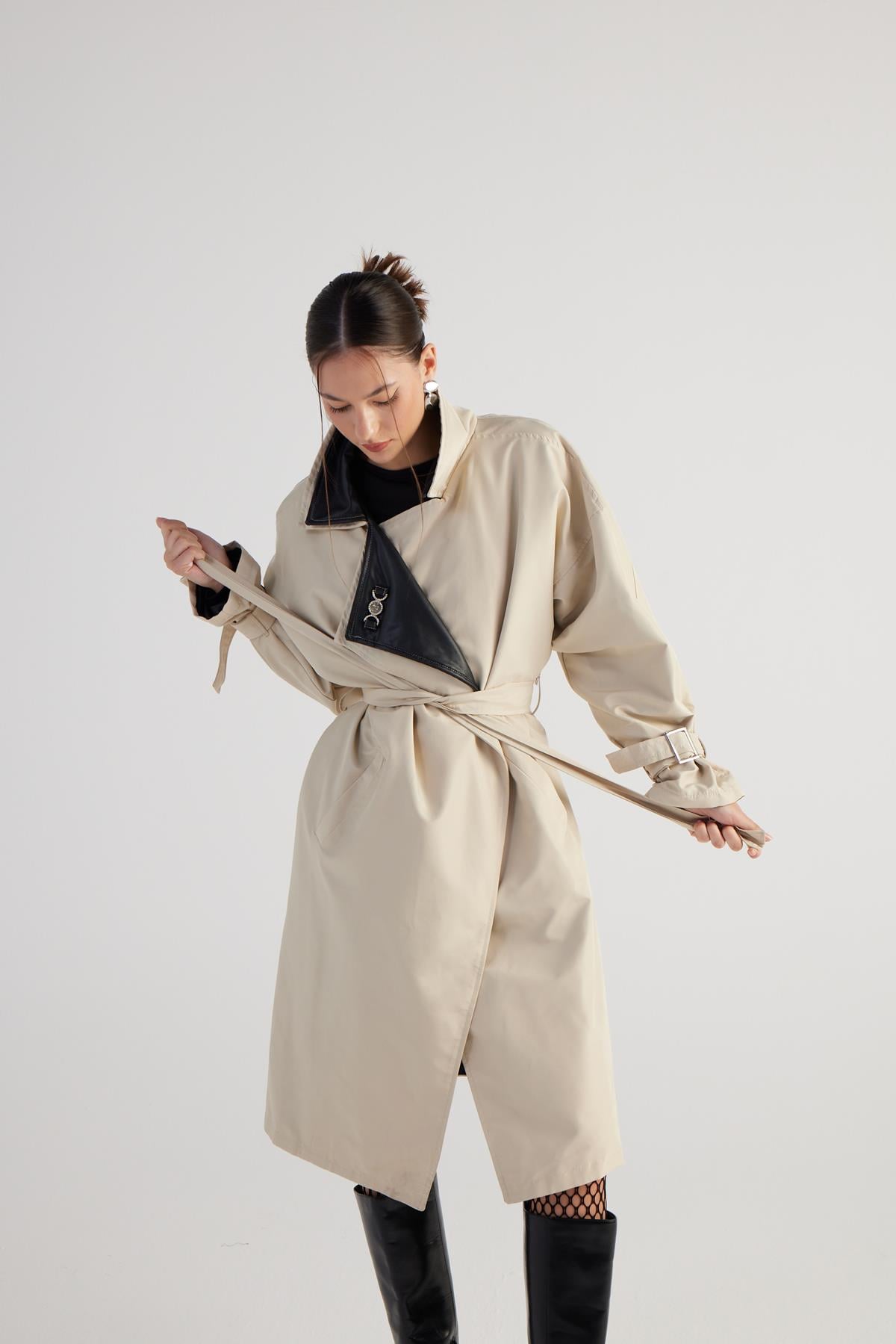 Maxi Boy Kemerli Cloak Trençkot Bej