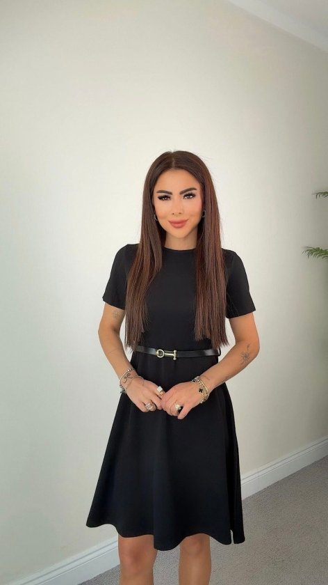 Kadın Kısa Kollu Belden Kemerli Modal Elbise