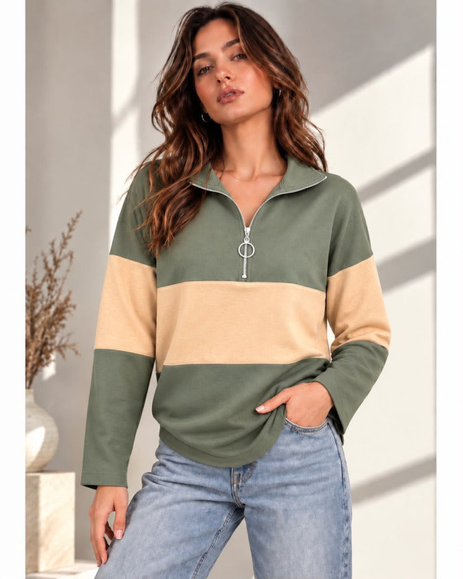 Kadın Fermuarlı Yaka Renk Bloklu Sweatshirt / Üst