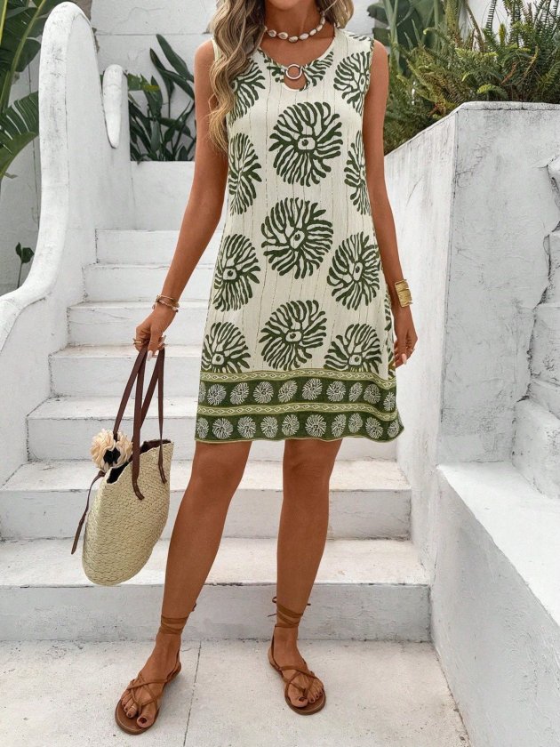 Kadın Askılı Halka Yaka Detaylı çiçek Desenli Kısa Süprem Elbise