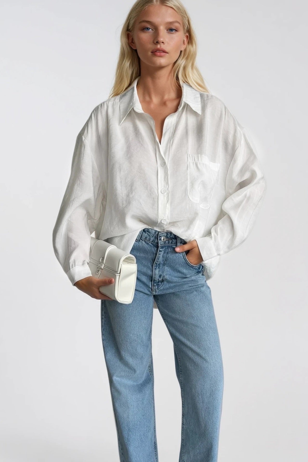 Cep Detay Basic Oversize Beyaz Gömlek