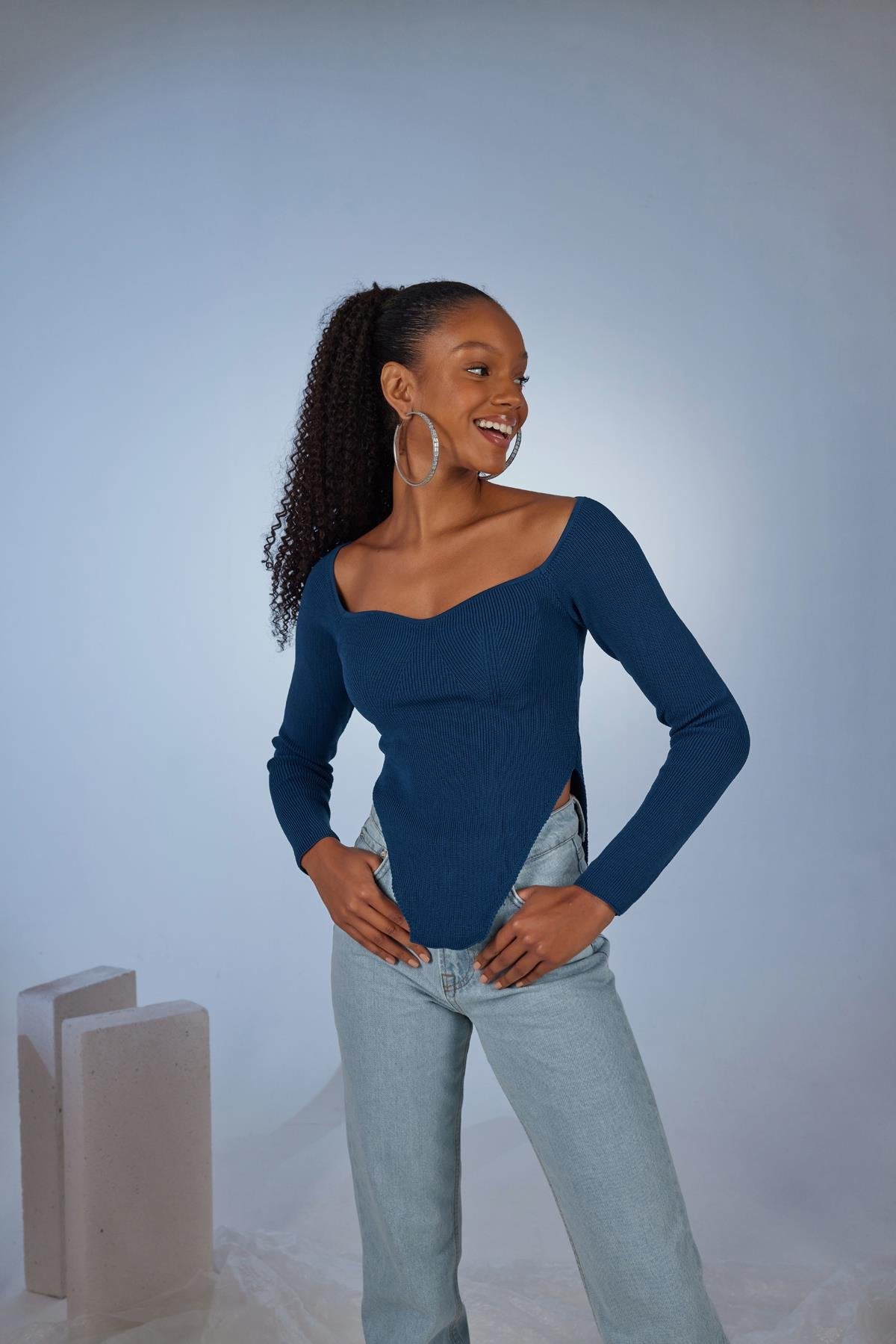 Uzun Kol Kalp Yaka Rolla Kazak Lacivert Lacivert STD