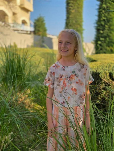 Çiçek Desenli Bluz Batik Desenli Rahat Pantolon Takım TURUNCU 12 Yaş