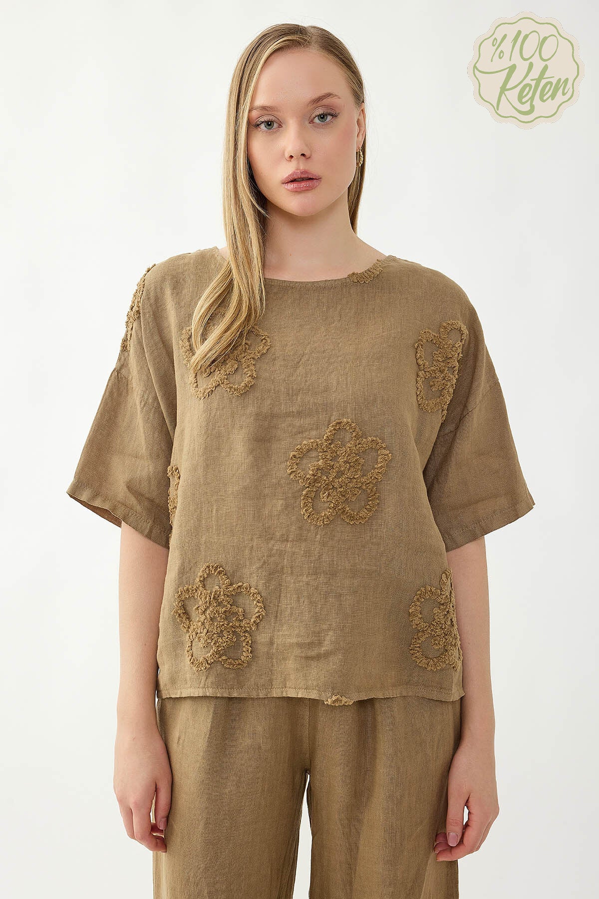 %100 Keten Çiçek Motifli Kısa Kol Bluz