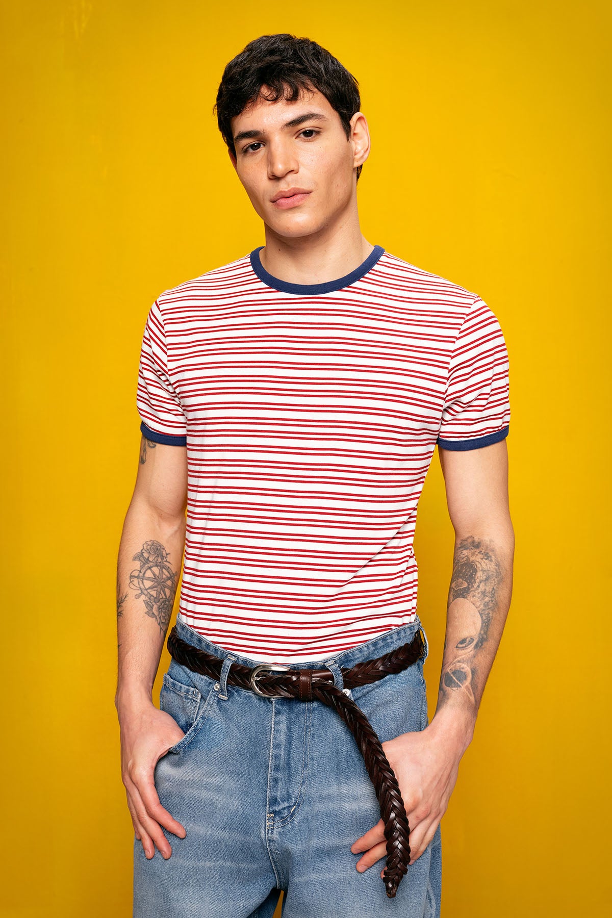 ÇİZGİLİ DAR KESİM BORDO T-SHIRT