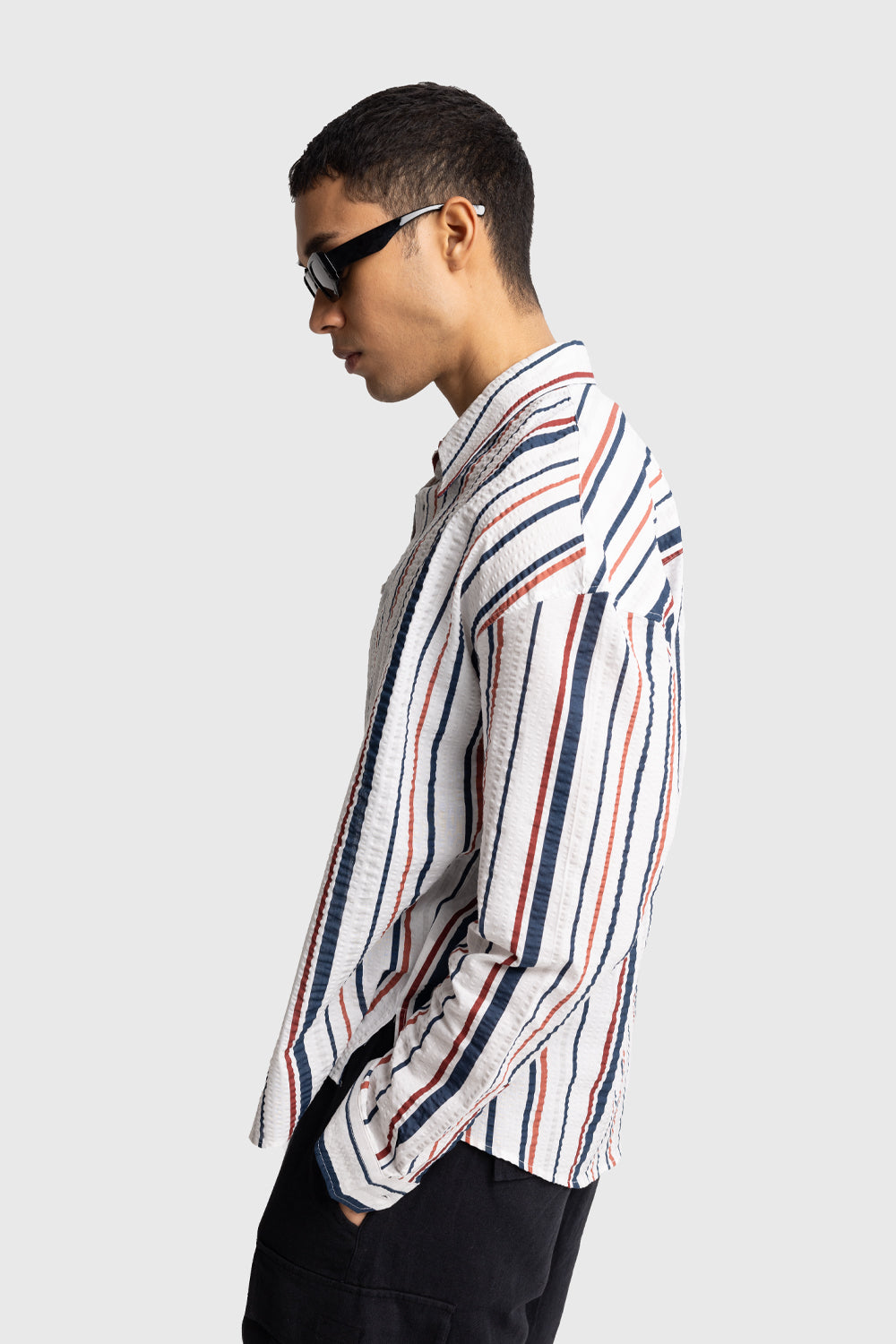 ÇİZGİLİ GOFRE GÖMLEK - KIRMIZI S