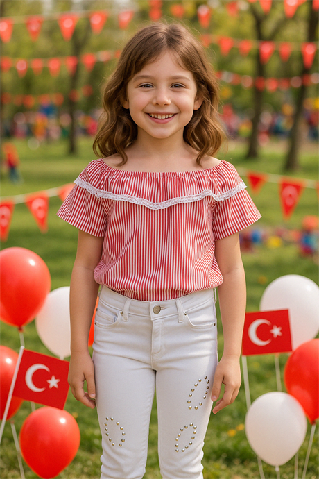 Çizgili Kayık Yaka Bluz ve Beyaz Pantolon Kırmızı 12 Yaş