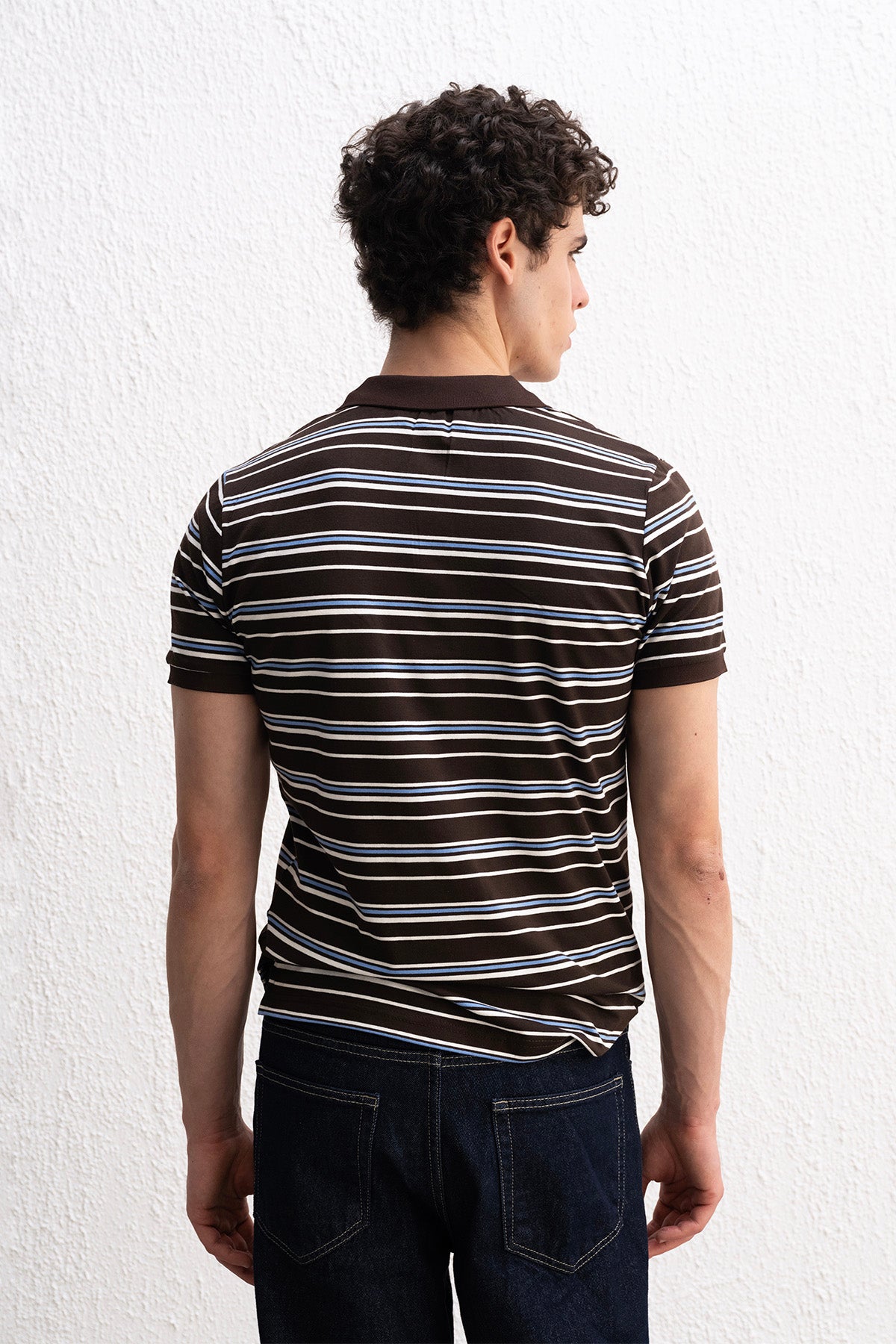 ÇİZGİLİ POLO YAKA KAHVERENGİ T-SHIRT - KAHVERENGİ XL