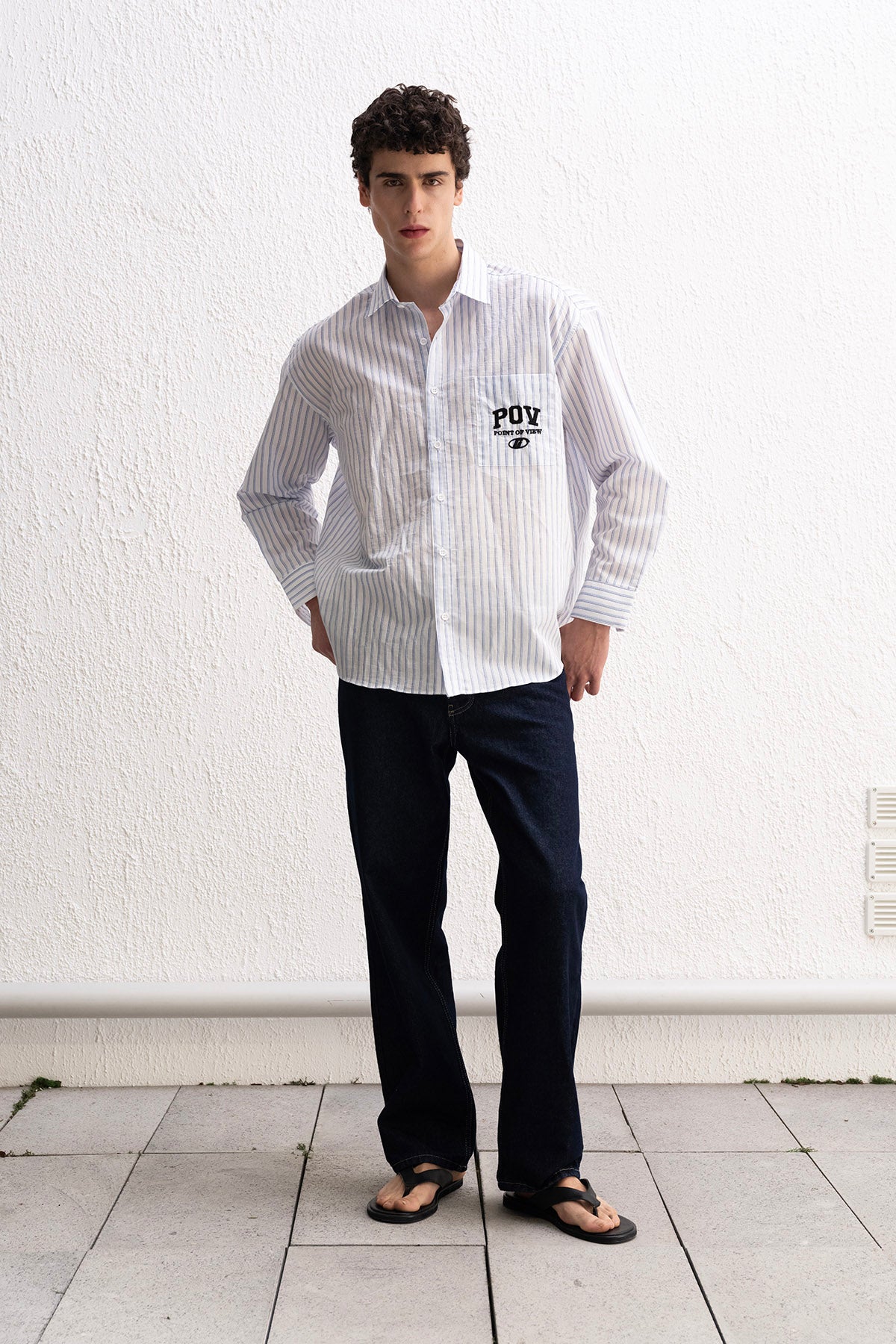 ÇİZGİLİ UZUN KOLLU BEYAZ GÖMLEK - BEYAZ L