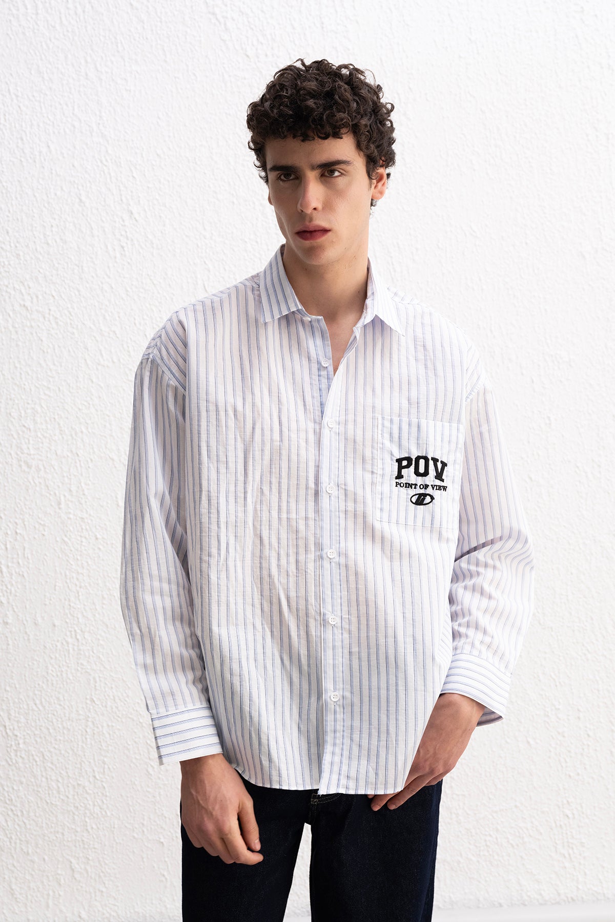 ÇİZGİLİ UZUN KOLLU BEYAZ GÖMLEK - BEYAZ S