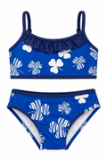 Mavi Yonca Desenli Fırfırlı Kız Çocuk Bikini Takımı