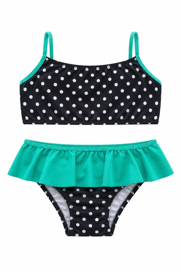 Puantiyeli Volanlı Kız Çocuk Bikini Takımı Siyah Mint Yeşili 2'li Set
