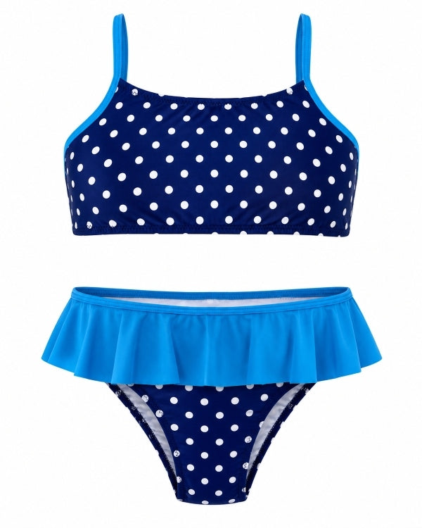 Puantiyeli Volanlı Kız Çocuk Bikini Takımı Lacivert Mavi 2'li Set