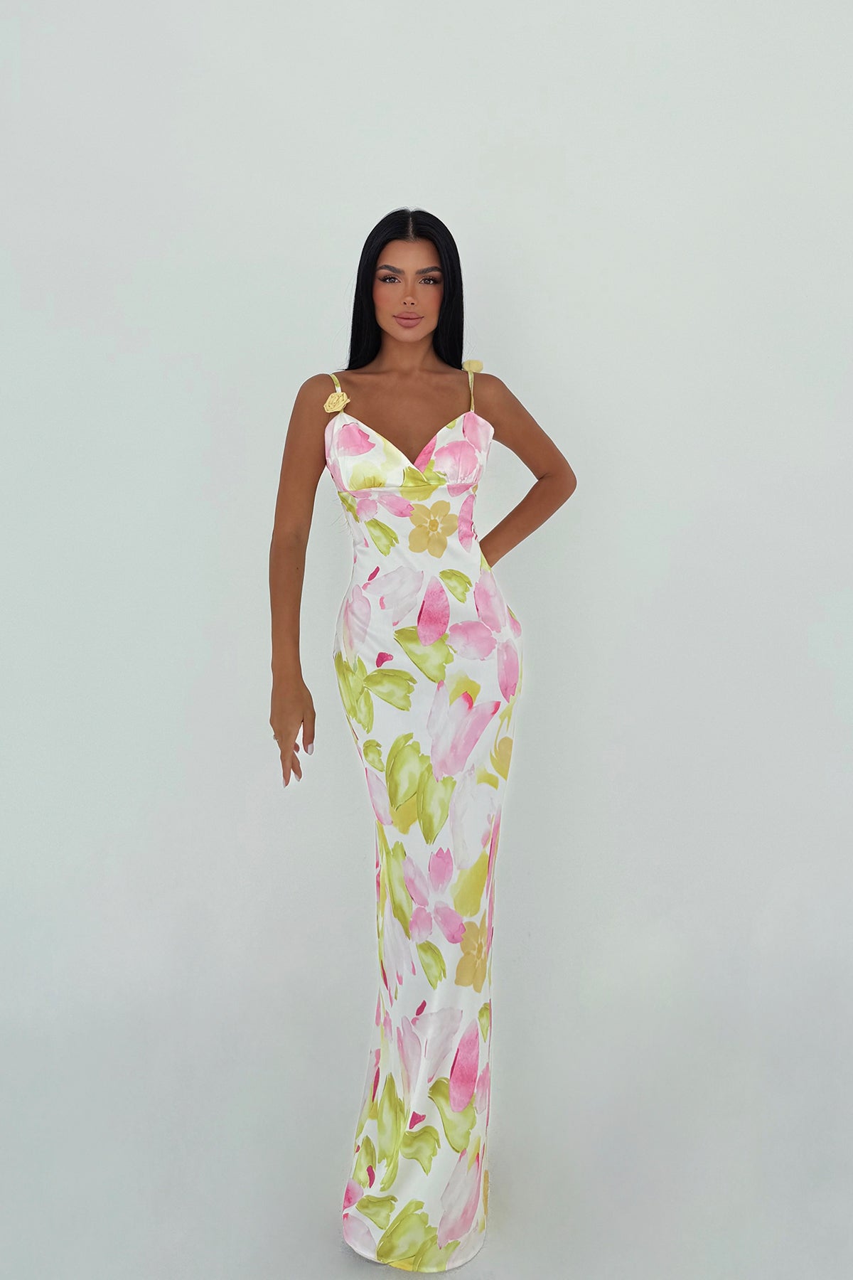 Çok Renkli Chyler Uzun Çiçek Desenli Elbise ATE-3369