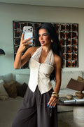 Krem Bağlamalı Dantel Detay Crop Top