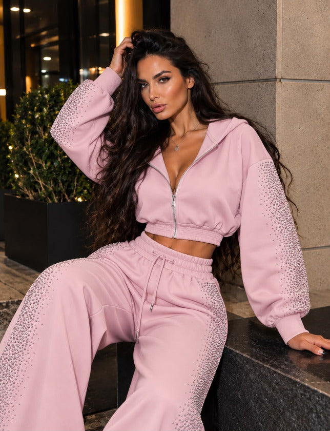 Kadın Taş Baskı Detaylı Fermuarlı Crop Sweatshirt Ve Geniş Paça Eşofman Takımı