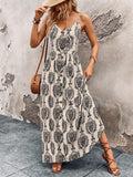 Women's Spaghetti Strap V Neck Front Button Patterned Long Supreme Dress