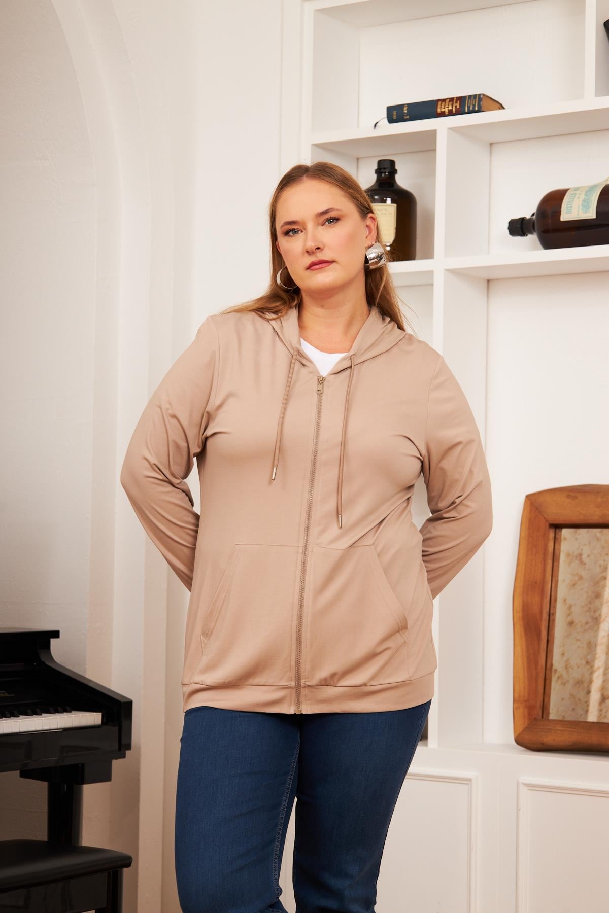 Büyük Beden Modal Sweatshirt Hırka Vizon