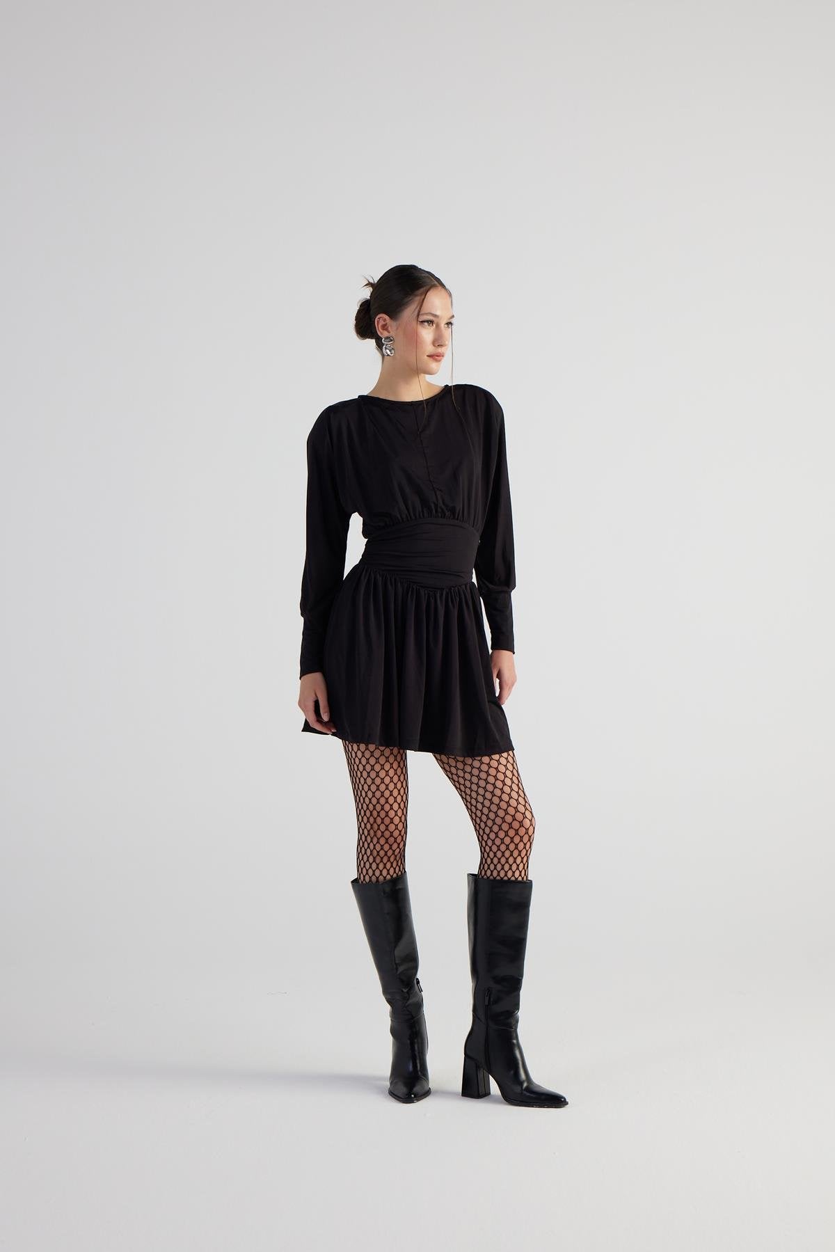 Beli Korse Görünümlü Vatkalı Mini Jade Elbise Siyah